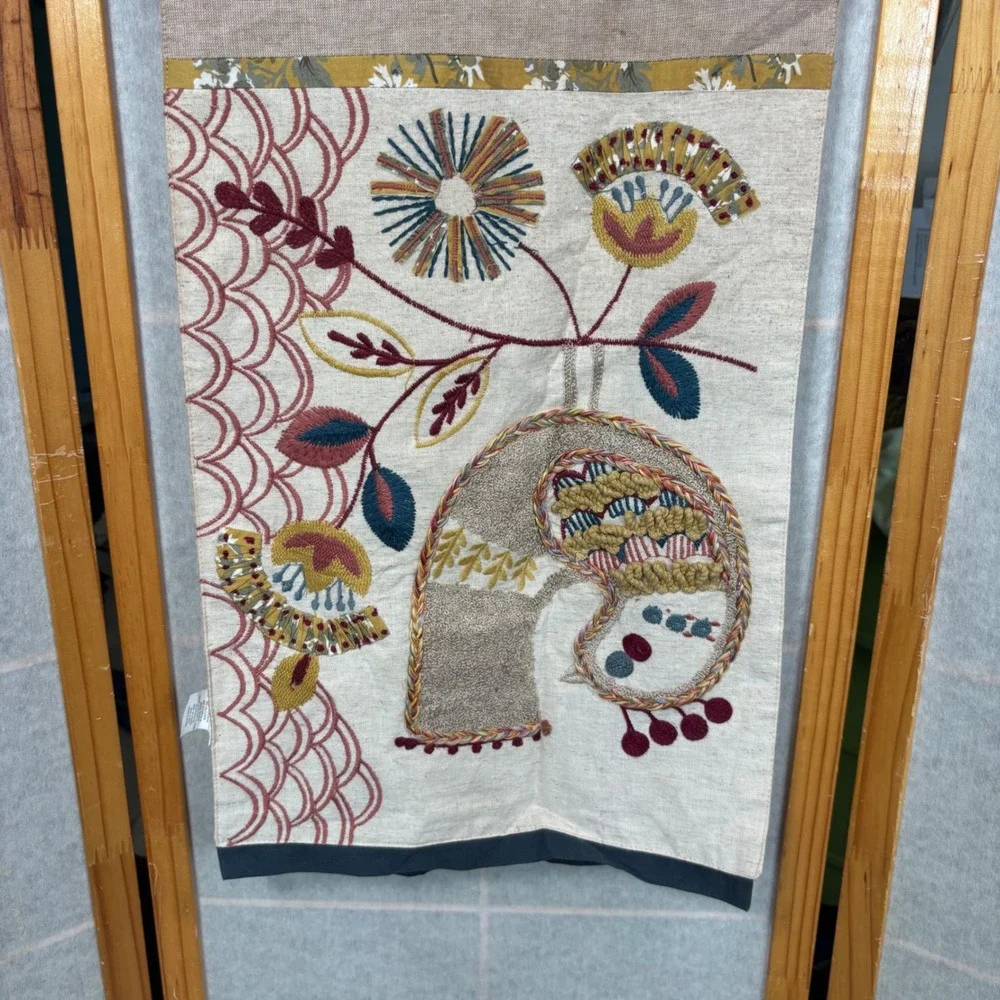 Pier 1 Imports Table Runner 13x72 Tan Embroidered Boho Floral Bird Applique